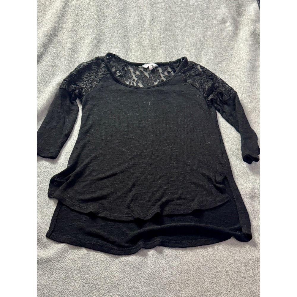 Black Lace Shoulder Long Sleeve Top Scoop Neck High Low Hem Textured Knit Small